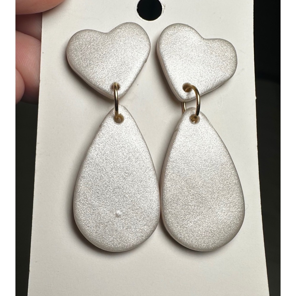 Unique Handmade Earring by Julissas Jewelry Pearl White Heart Drop Polymer Clay